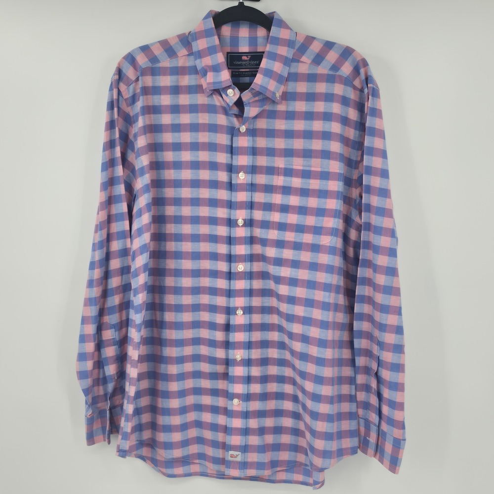 Vineyard Vines Mens Large Slim Fit Murray Shirt Pink Blue Gingham Check Cotton